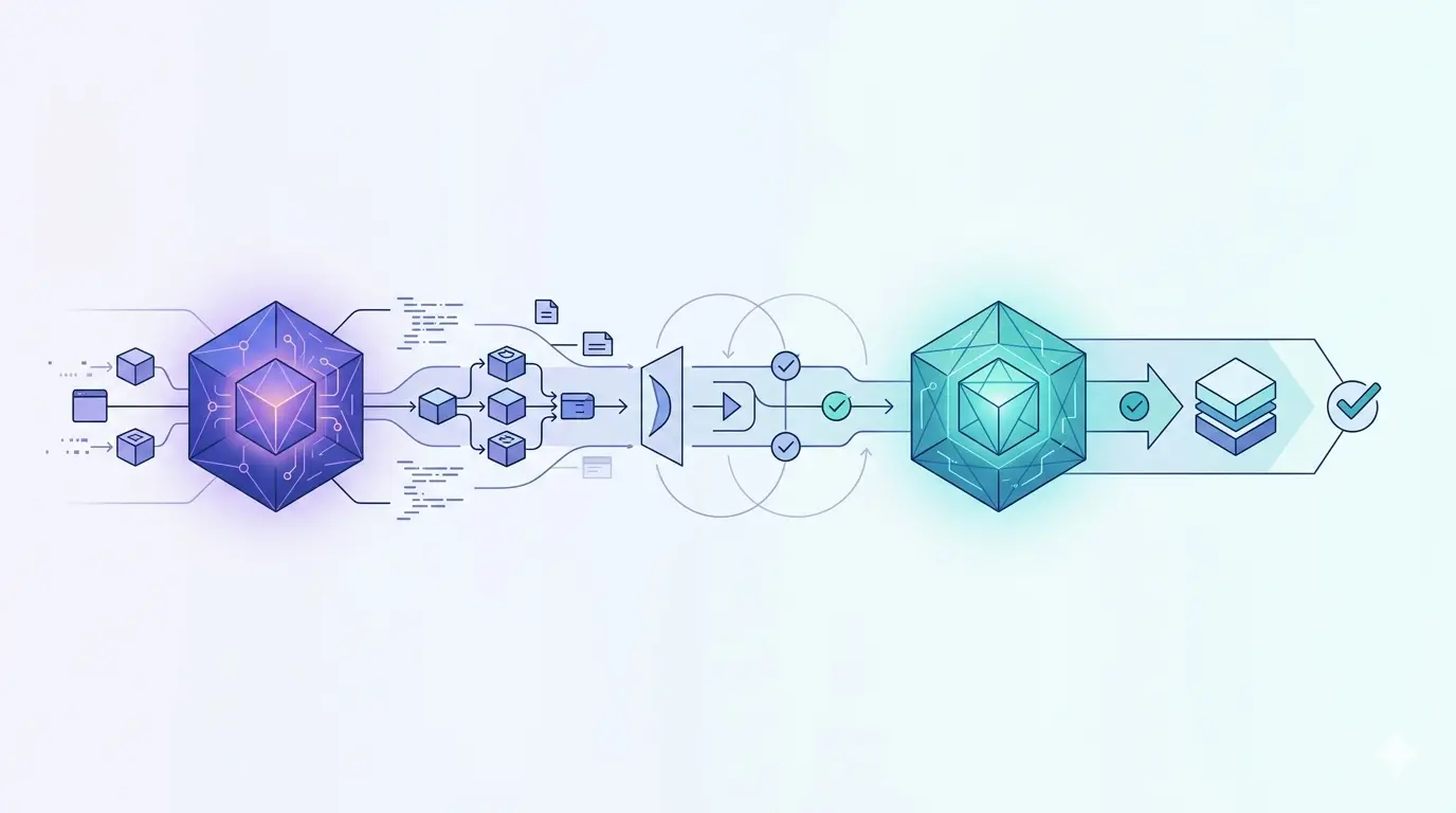 Abstrakte Illustration zweier KI-Systeme, die als Builder und Reviewer über eine Pipeline ein Software-Feature bauen und prüfen