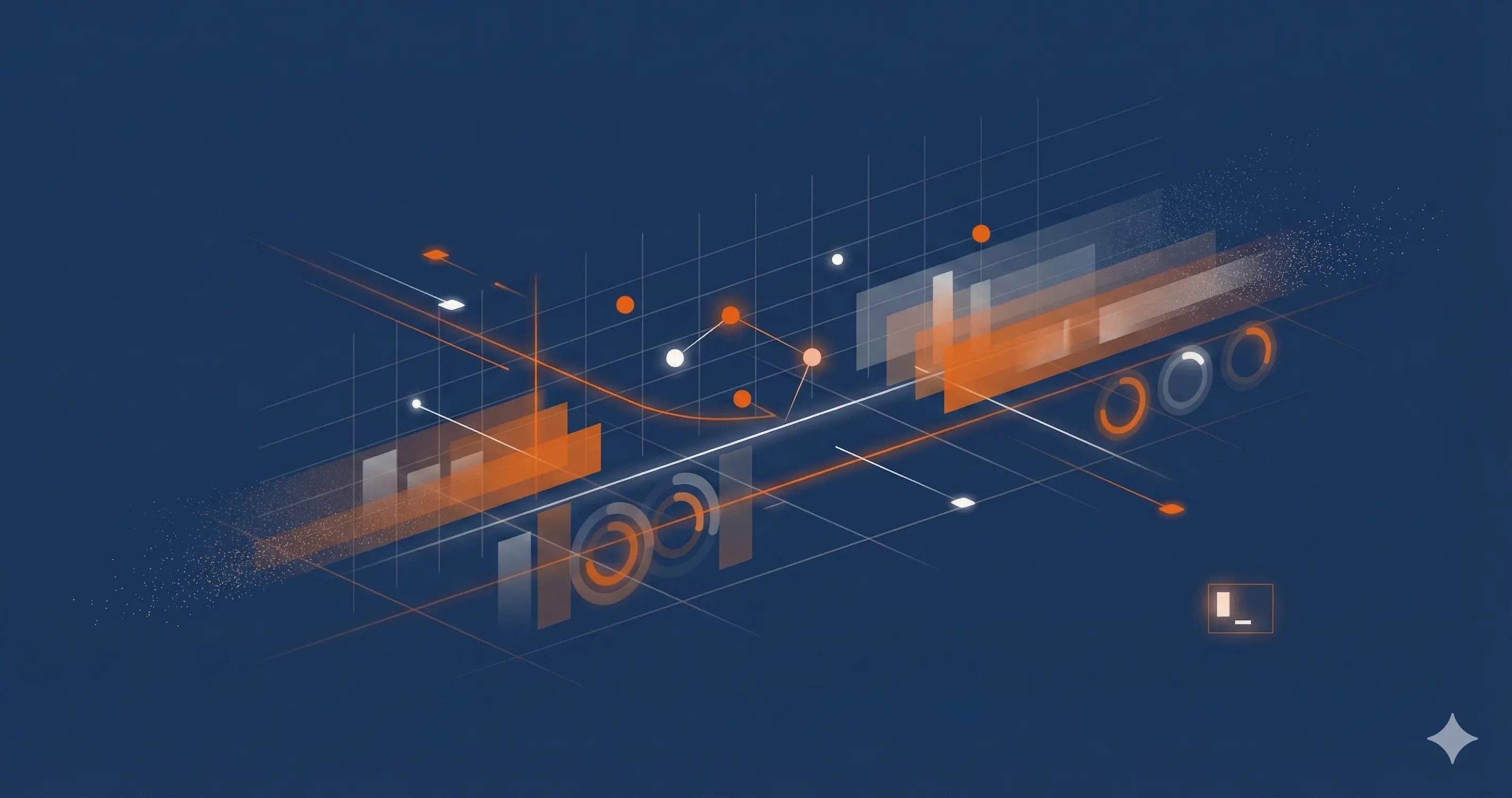 Abstrakte Illustration von KI-gestützter SEO-Analyse mit Datennoten und geometrischen Formen